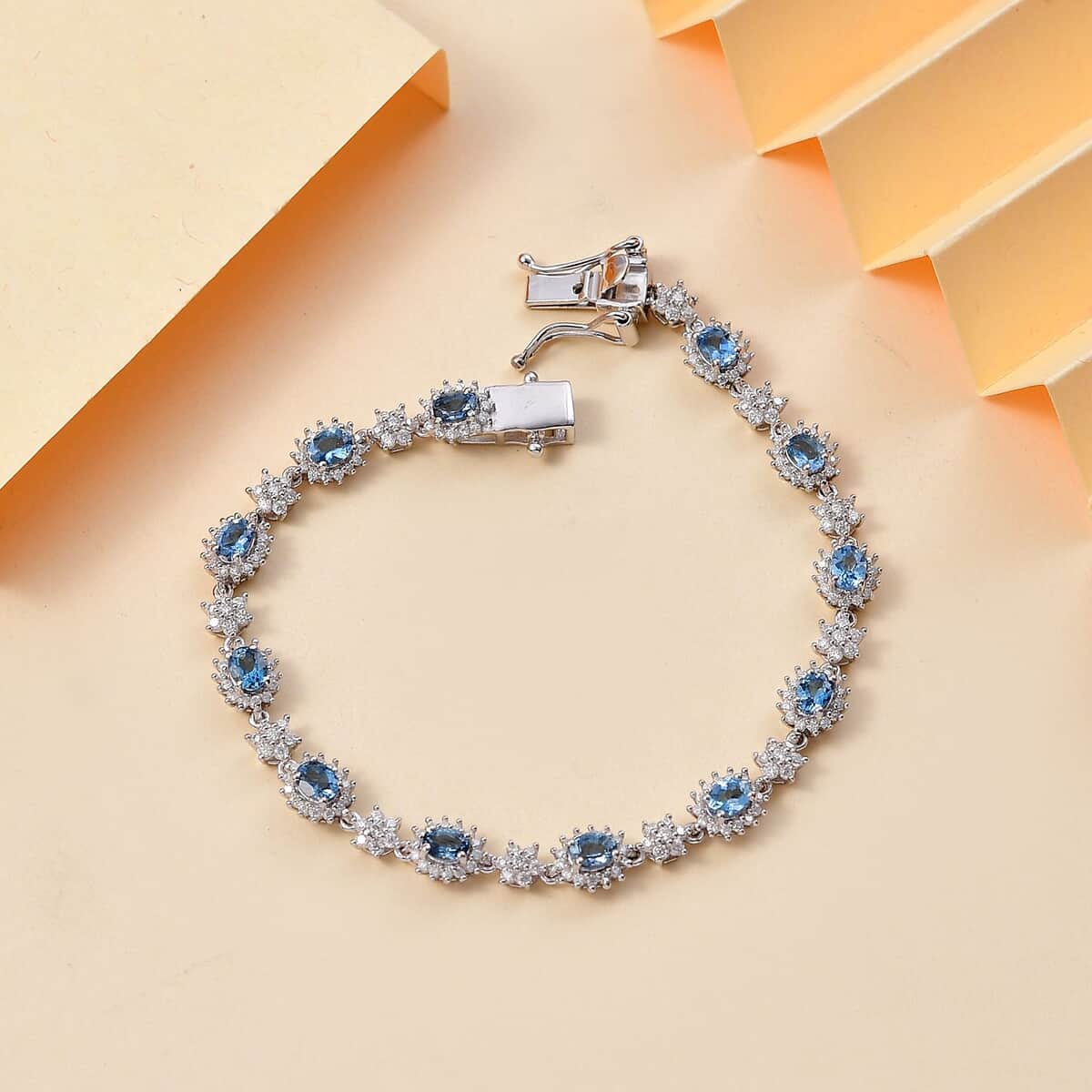 Santa Maria Aquamarine and Moissanite 3.25 ctw Bracelet in Rhodium Over Sterling Silver (6.50 In) (Del. In 10-12 Days) image number 1