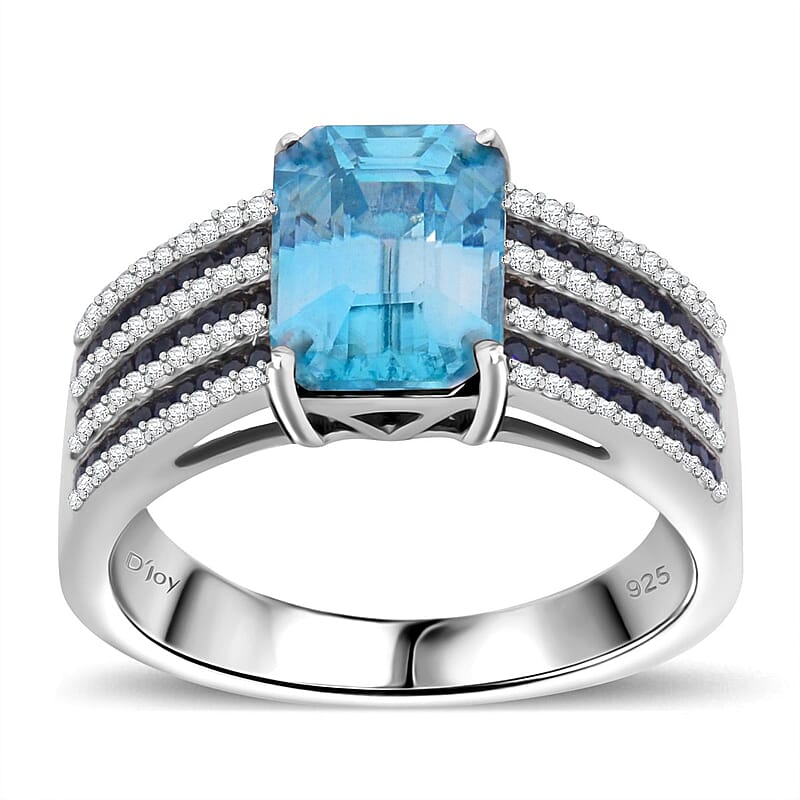 Premium Blue Zircon and Multi Gemstone 4.15 ctw Prism Elegance Ring in Rhodium Over Sterling Silver (Size 10.0)