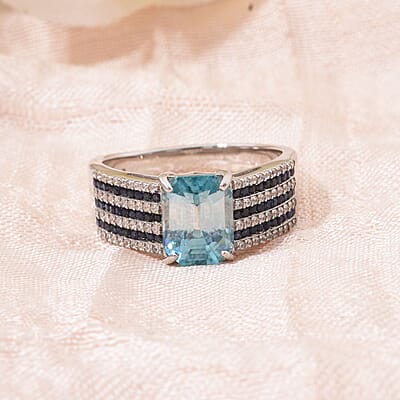 Premium Blue Zircon and Multi Gemstone 4.15 ctw Prism Elegance Ring in Rhodium Over Sterling Silver (Size 10.0)