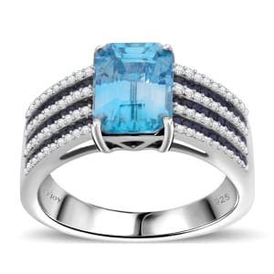 Premium Blue Zircon and Multi Gemstone 4.15 ctw Prism Elegance Ring in Rhodium Over Sterling Silver (Size 7.0)