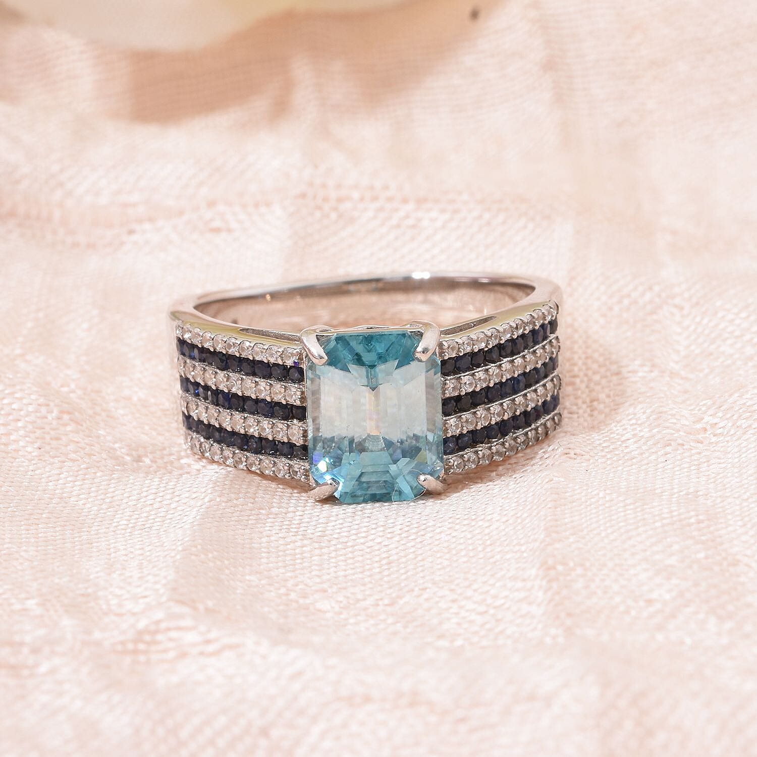 D'Joy Premium Blue Zircon and Multi Gemstone 4.15 ctw Prism Elegance Ring in Rhodium Over Sterling Silver (Size 7.0)