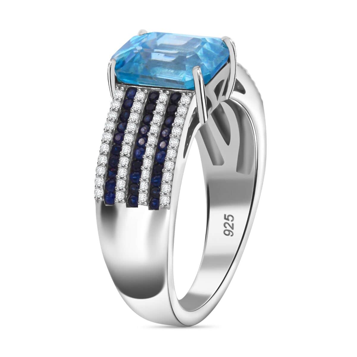 Doorbuster Premium Blue Zircon and Multi Gemstone 4.15 ctw Prism Elegance Ring in Rhodium Over Sterling Silver (Size 8.0) image number 3