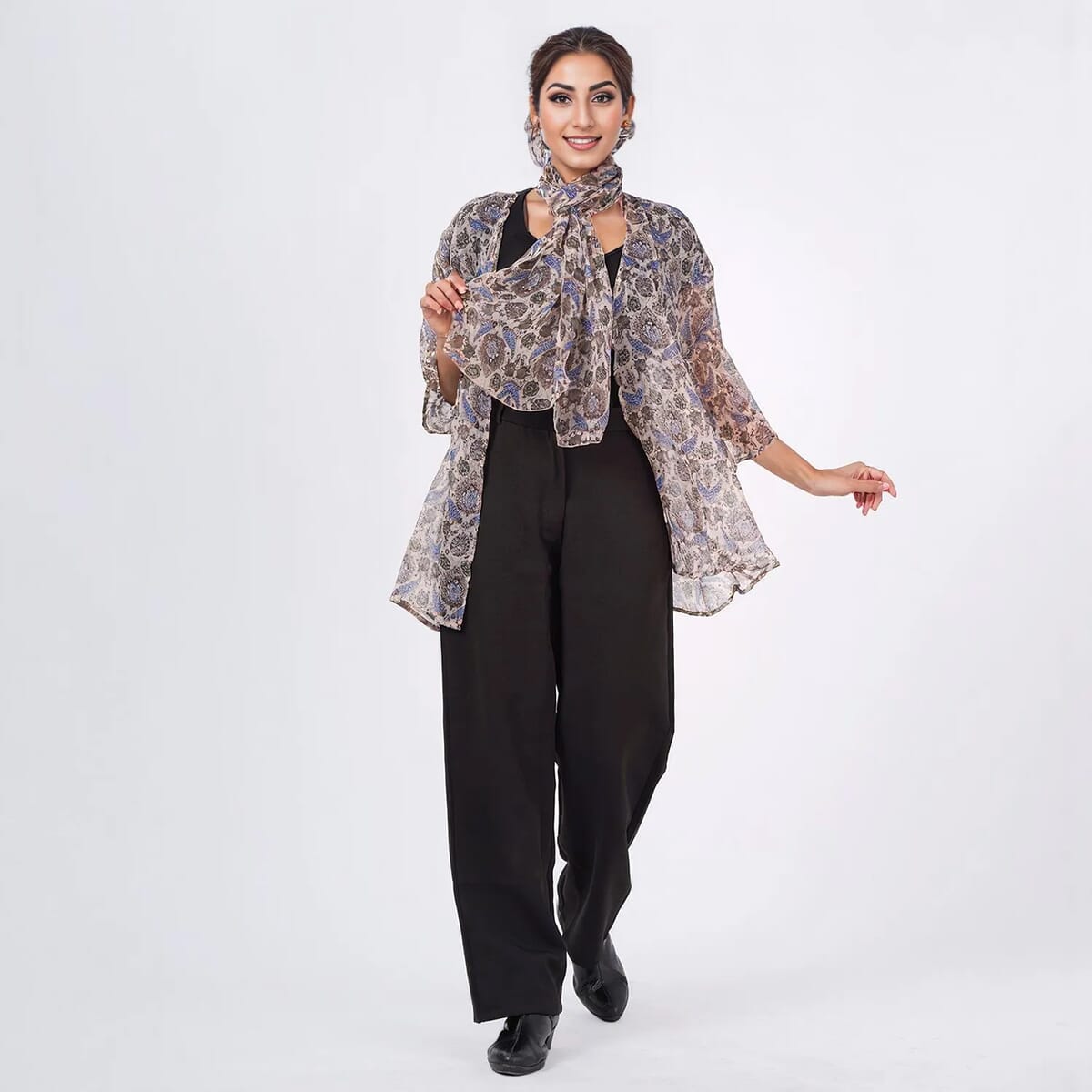Blue Floral Chiffon Kimono, Scarf, and Scrunchie Set - One Size Fits Most image number 0