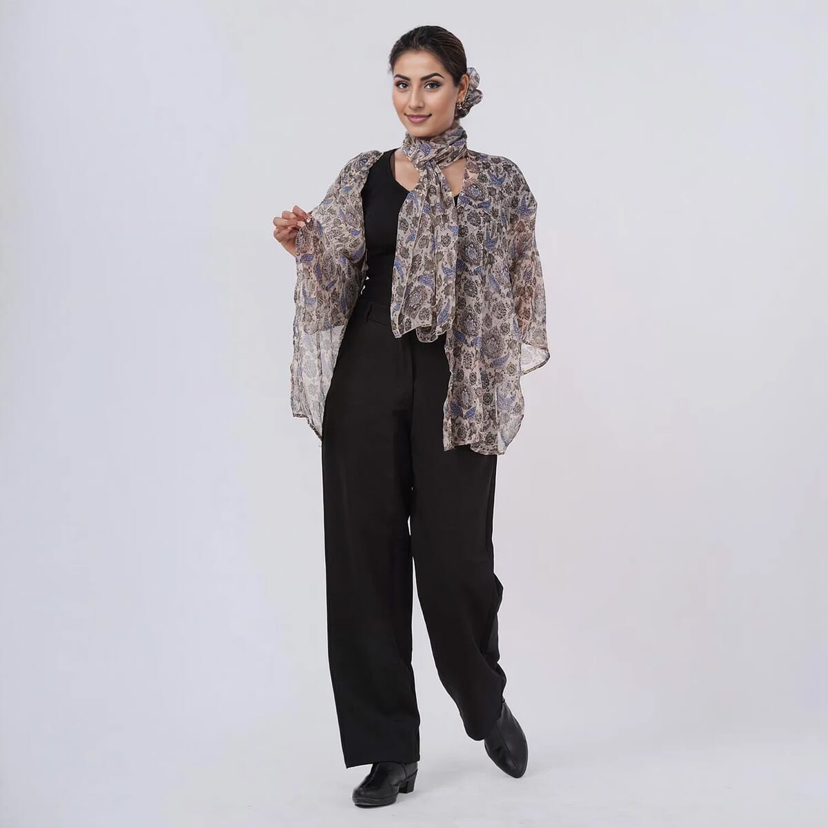 Blue Floral Chiffon Kimono, Scarf, and Scrunchie Set - One Size Fits Most image number 1