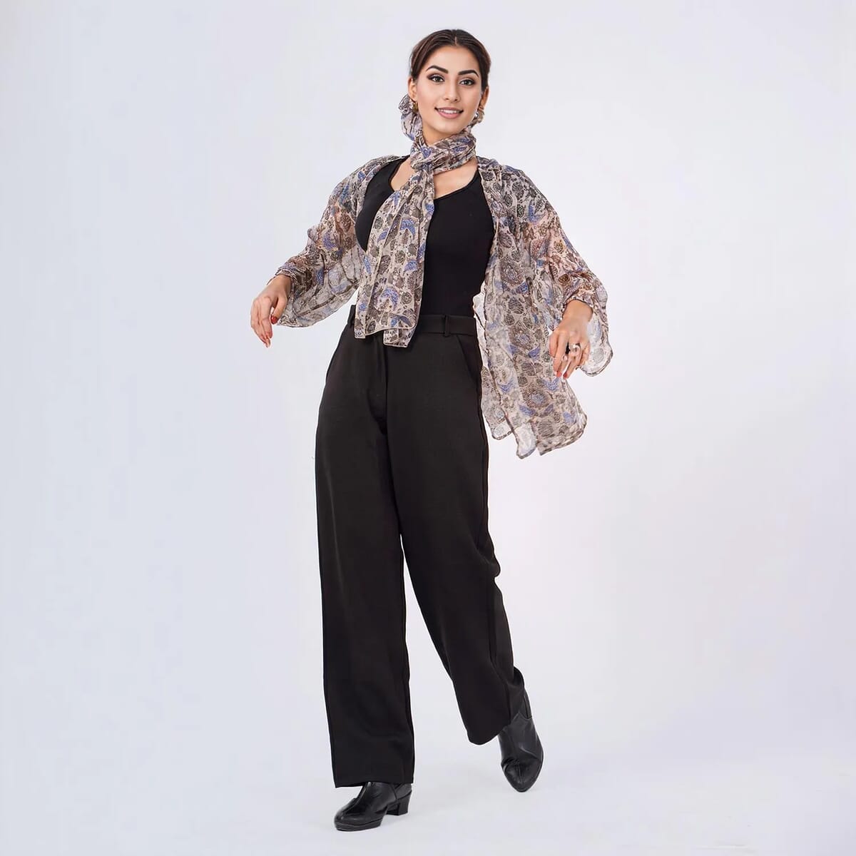 Blue Floral Chiffon Kimono, Scarf, and Scrunchie Set - One Size Fits Most image number 2
