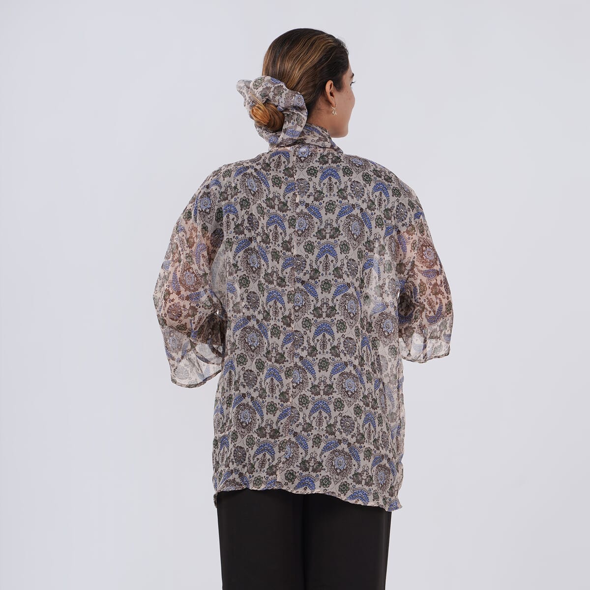 Blue Floral Chiffon Kimono, Scarf, and Scrunchie Set - One Size Fits Most image number 3