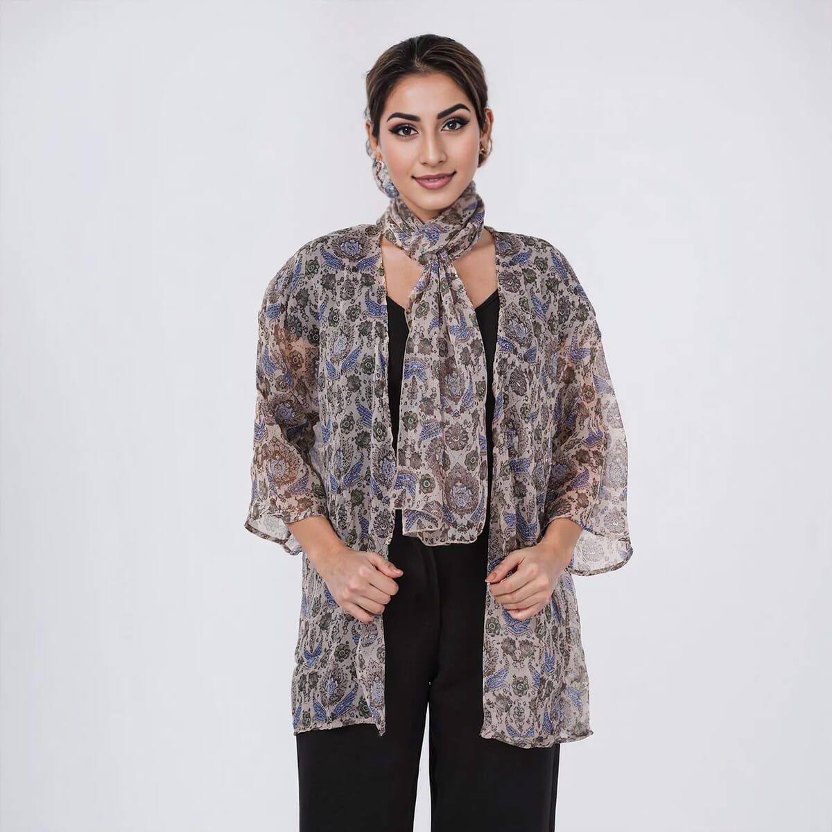 Blue Floral Chiffon Kimono, Scarf, and Scrunchie Set - One Size Fits Most image number 4