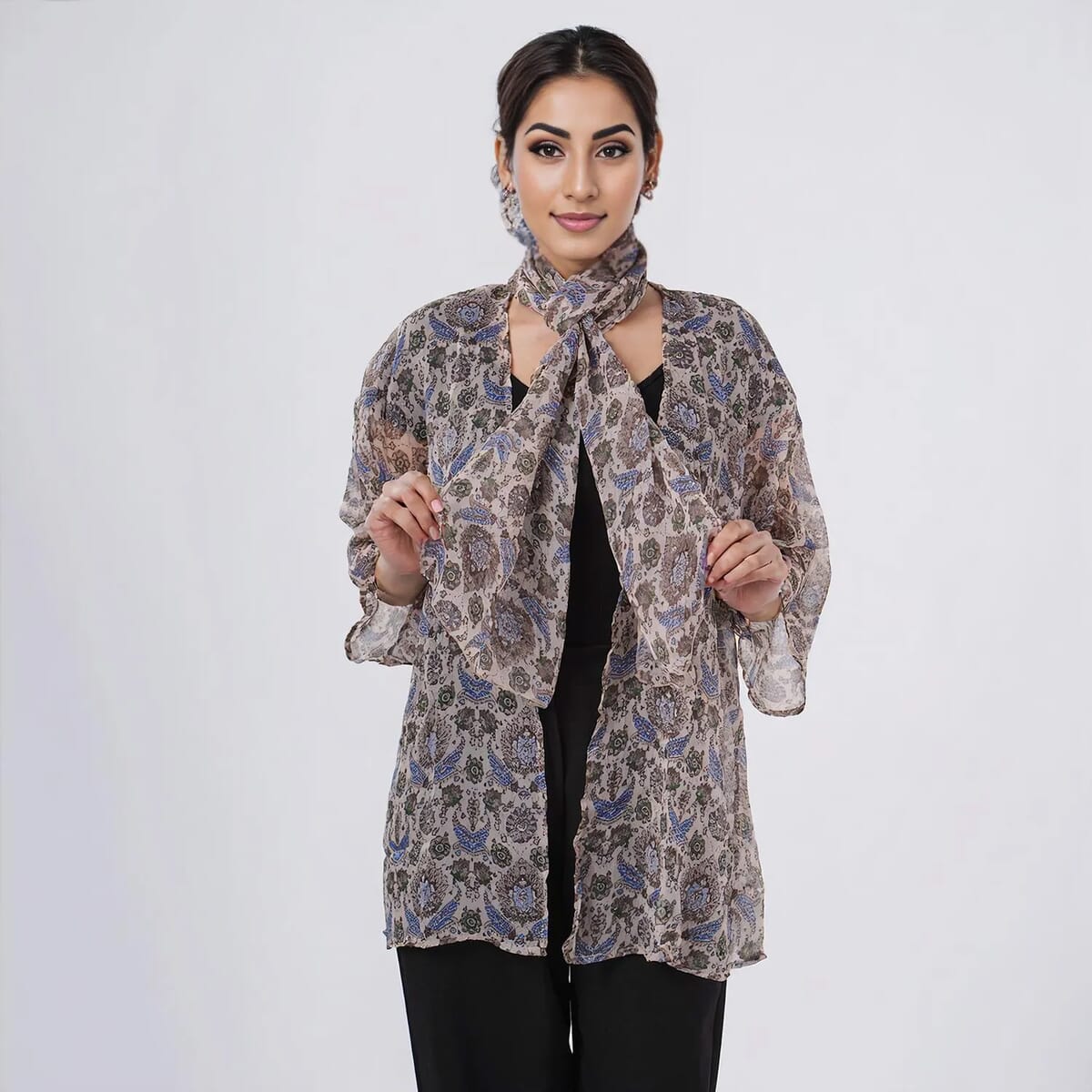 Blue Floral Chiffon Kimono, Scarf, and Scrunchie Set - One Size Fits Most image number 5