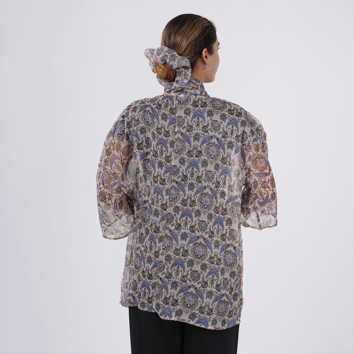 Blue Floral Chiffon Kimono, Scarf, and Scrunchie Set - One Size Fits Most image number 6