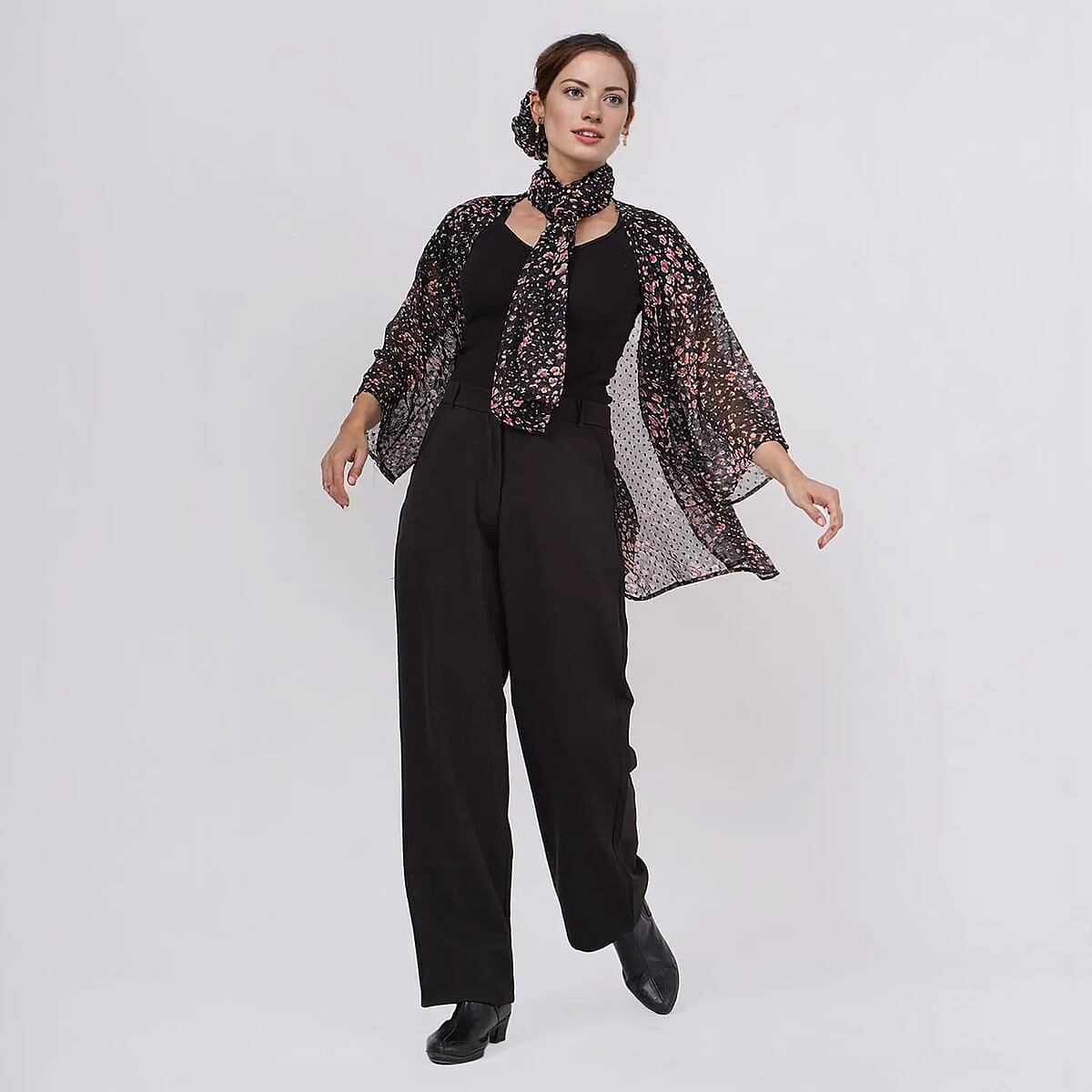 Black Dobby Floral Chiffon Kimono, Scarf, and Scrunchie Set - One Size Fits Most image number 1