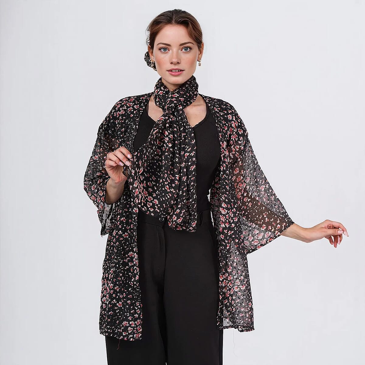 Black Dobby Floral Chiffon Kimono, Scarf, and Scrunchie Set - One Size Fits Most image number 2