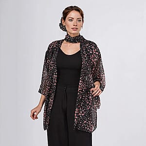 Black Dobby Floral Chiffon Kimono, Scarf, and Scrunchie Set - One Size Fits Most