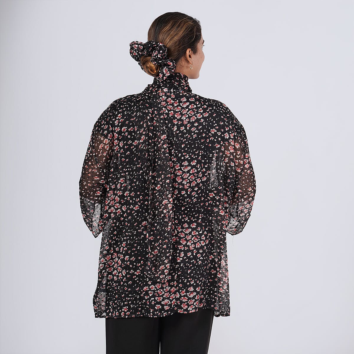 Black Dobby Floral Chiffon Kimono, Scarf, and Scrunchie Set - One Size Fits Most image number 4