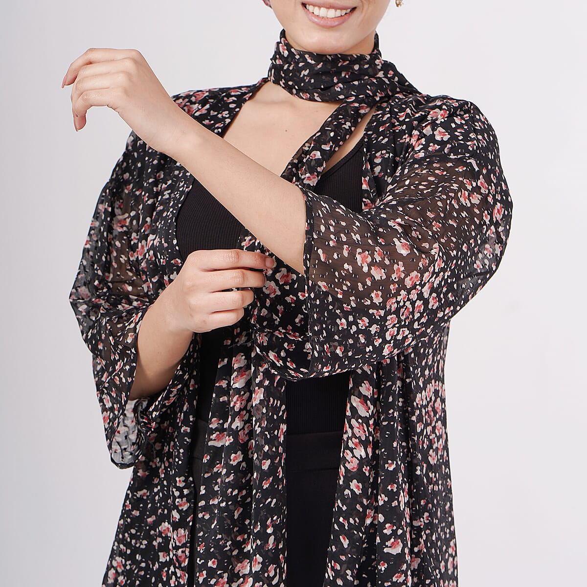 Black Dobby Floral Chiffon Kimono, Scarf, and Scrunchie Set - One Size Fits Most image number 5
