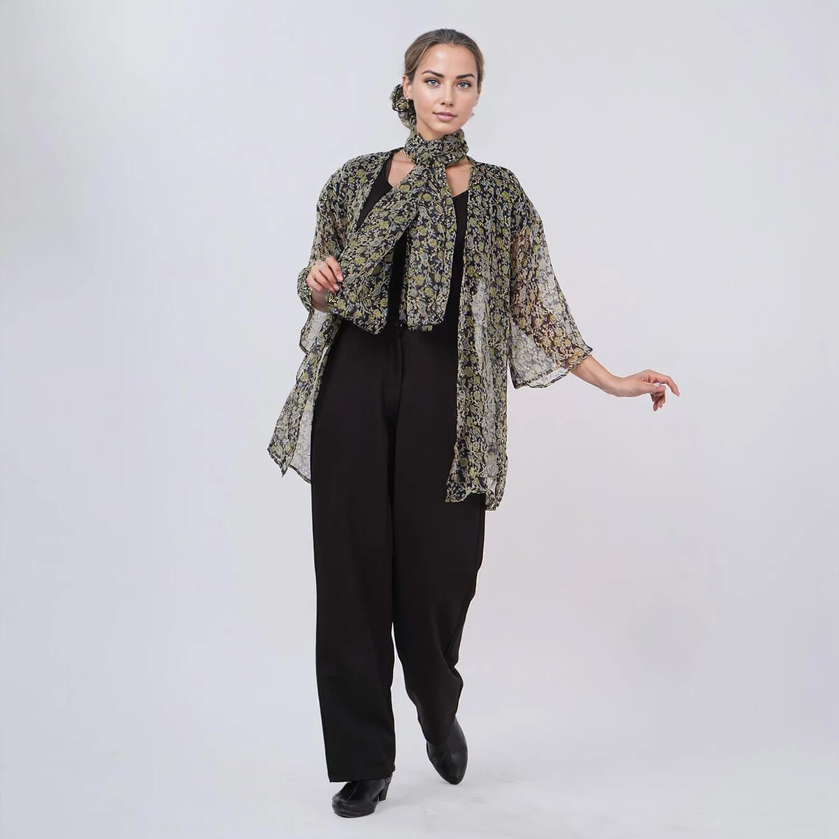 Green Dobby Floral Chiffon Kimono, Scarf, and Scrunchie Set - One Size Fits Most image number 0