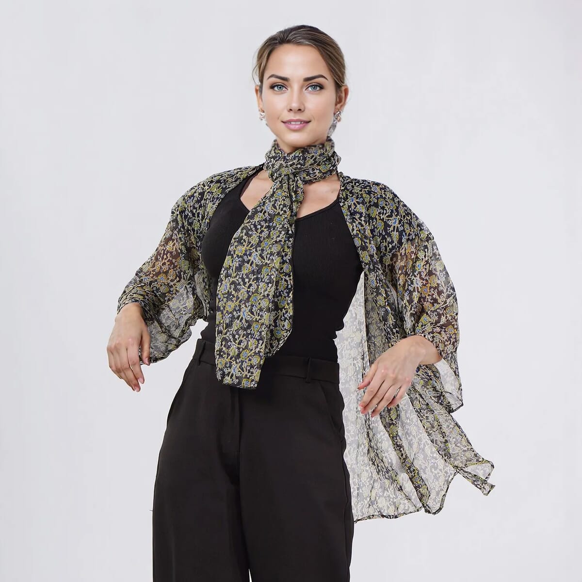 Green Dobby Floral Chiffon Kimono, Scarf, and Scrunchie Set - One Size Fits Most image number 1