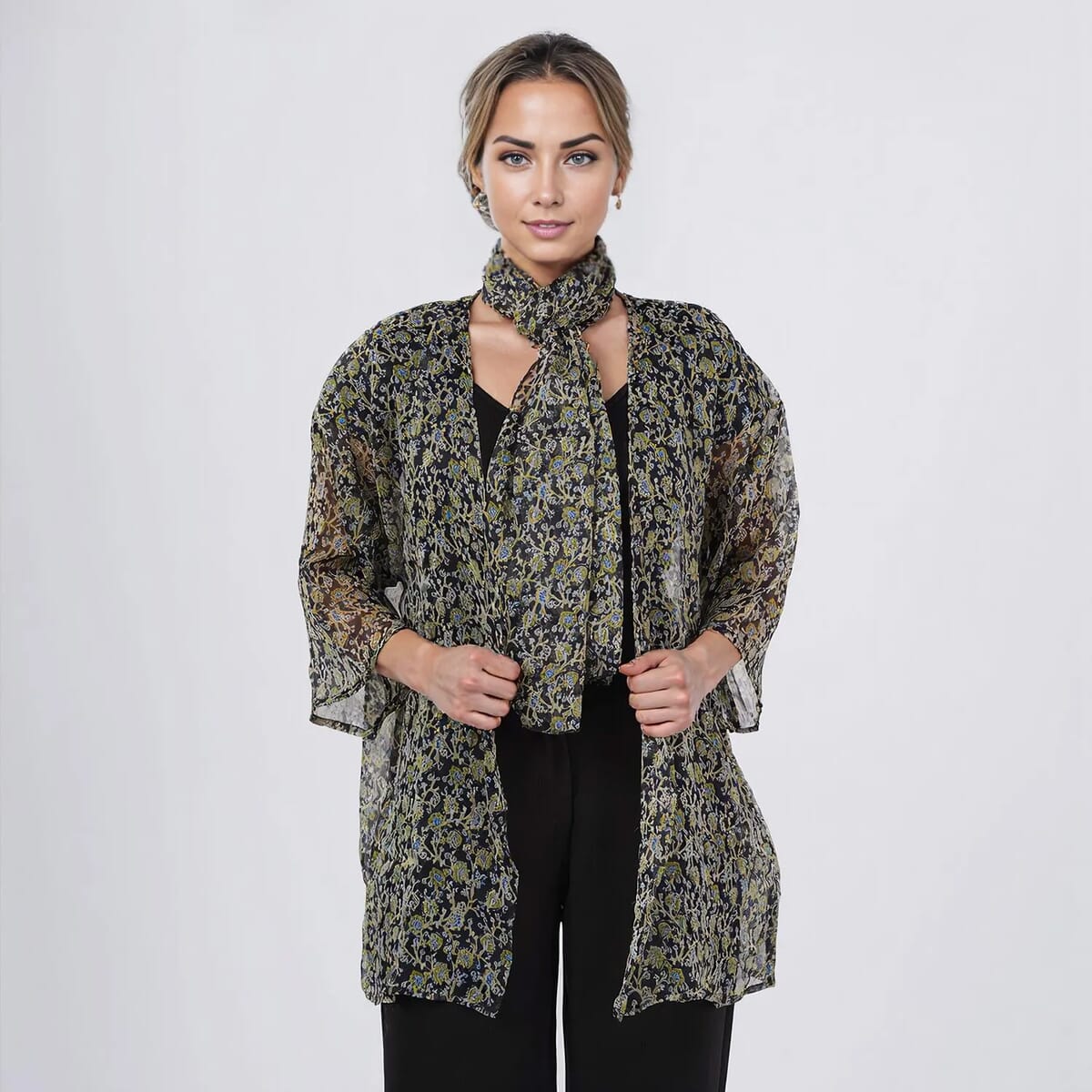 Green Dobby Floral Chiffon Kimono, Scarf, and Scrunchie Set - One Size Fits Most image number 2