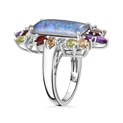 Boulder Opal Triplet and African Amethyst 6.98 ctw Solitaire Ring in Rhodium Over Sterling Silver (Size 6.5) (5.53 g)