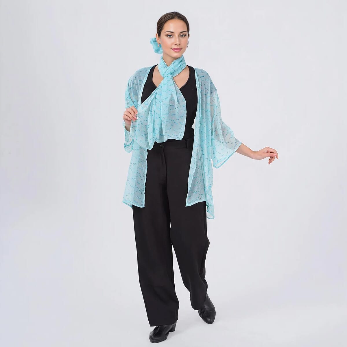 Teal Dobby Floral Chiffon Kimono, Scarf, and Scrunchie Set - One Size Fits Most image number 0