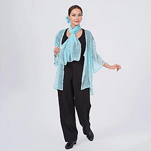 Teal Dobby Floral Chiffon Kimono, Scarf, and Scrunchie Set - One Size Fits Most