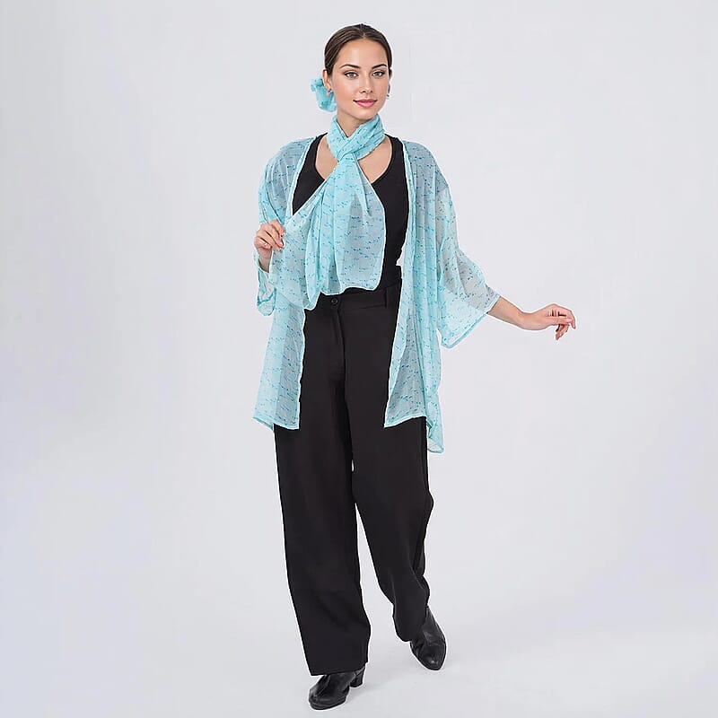 Teal Dobby Floral Chiffon Kimono, Scarf, and Scrunchie Set - One Size Fits Most