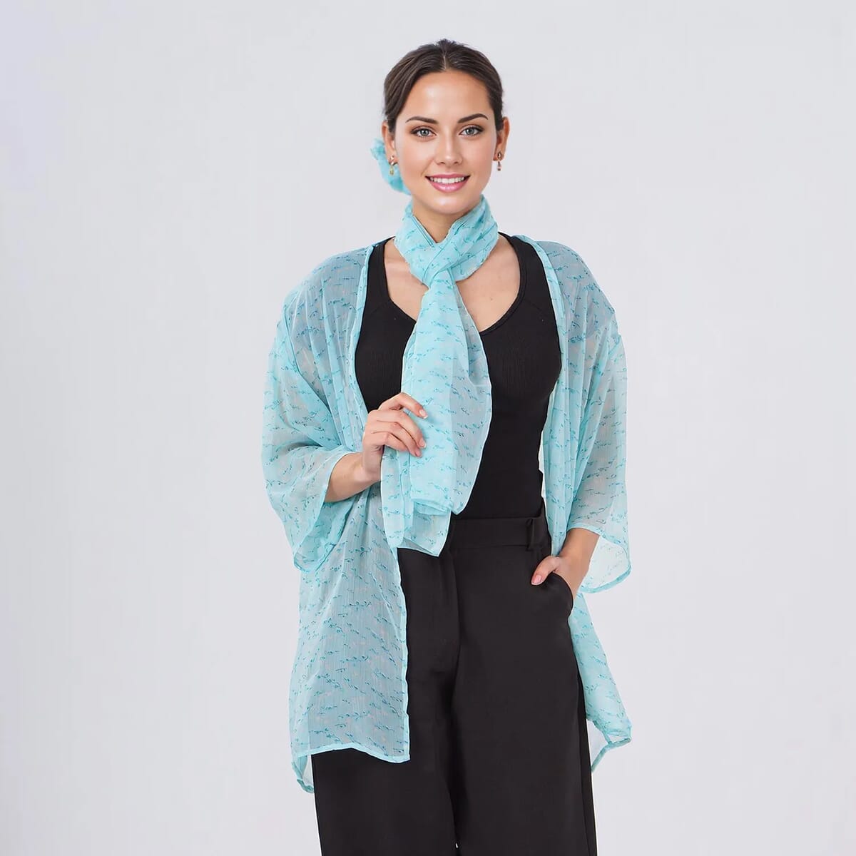 Teal Dobby Floral Chiffon Kimono, Scarf, and Scrunchie Set - One Size Fits Most image number 1