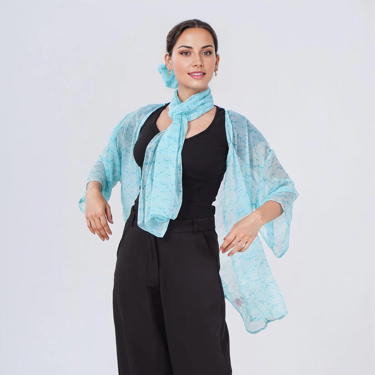 Teal Dobby Floral Chiffon Kimono, Scarf, and Scrunchie Set - One Size Fits Most image number 2