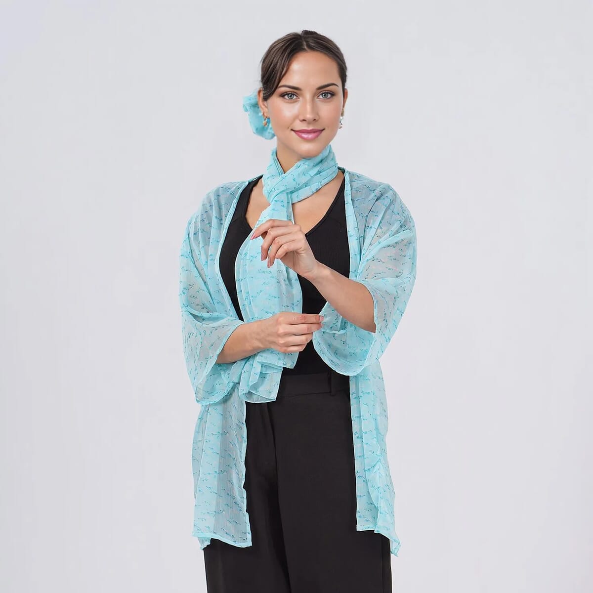 Teal Dobby Floral Chiffon Kimono, Scarf, and Scrunchie Set - One Size Fits Most image number 3