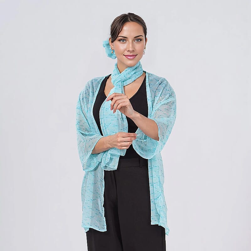 Teal Dobby Floral Chiffon Kimono, Scarf, and Scrunchie Set - One Size Fits Most