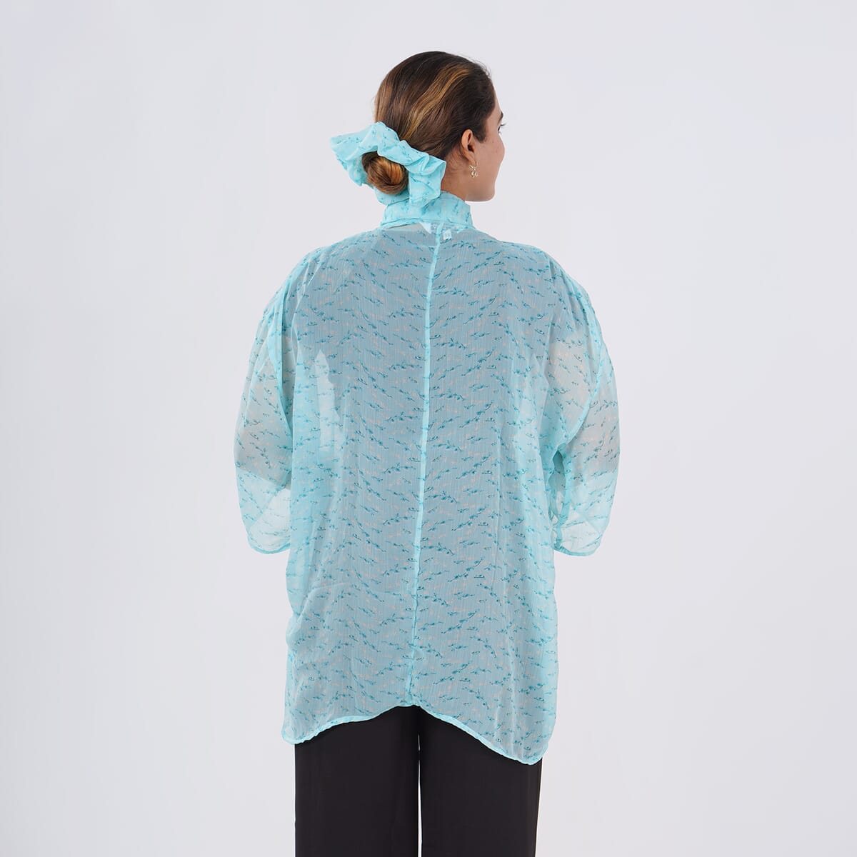 Teal Dobby Floral Chiffon Kimono, Scarf, and Scrunchie Set - One Size Fits Most image number 4