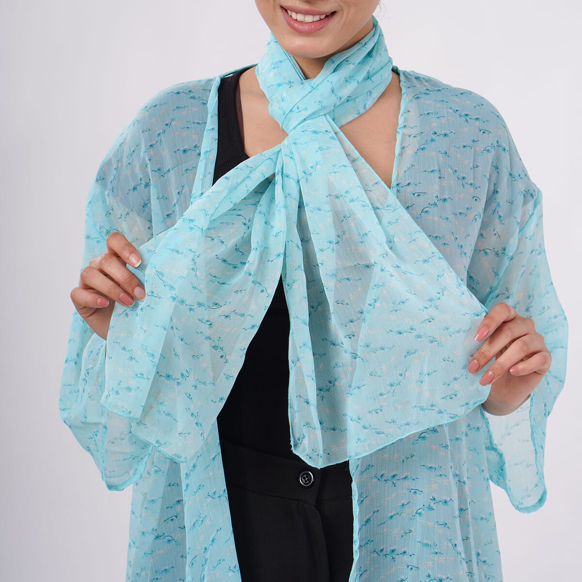 Teal Dobby Floral Chiffon Kimono, Scarf, and Scrunchie Set - One Size Fits Most image number 5