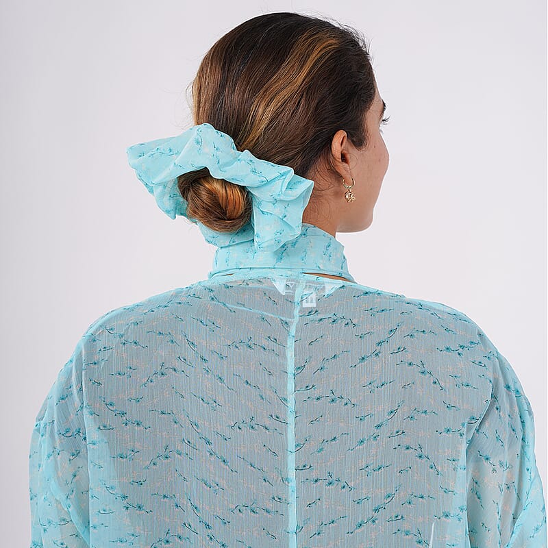 Teal Dobby Floral Chiffon Kimono, Scarf, and Scrunchie Set - One Size Fits Most