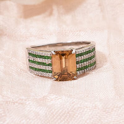 D'Joy Premium Tanzania Yellow Zircon and Multi Gemstone 4.90 ctw Prism Elegance Ring in Rhodium Over Sterling Silver (Size 7.0)
