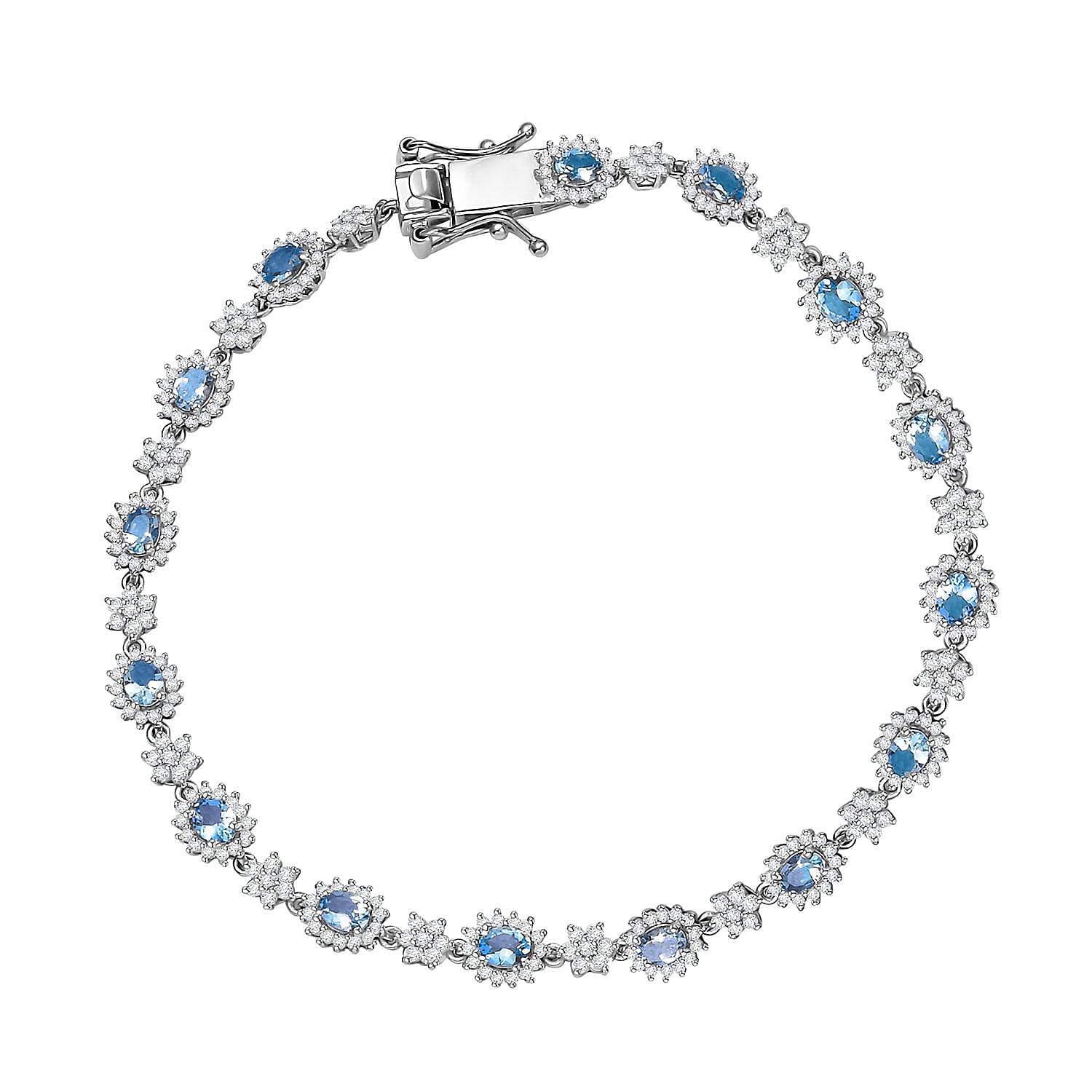 Santa Maria Aquamarine, Moissanite Bracelet in Rhodium Over Sterling Silver (8.00 In) 4.40 ctw
