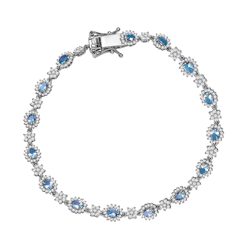 Santa Maria Aquamarine, Moissanite Bracelet in Rhodium Over Sterling Silver (8.00 In) 4.40 ctw