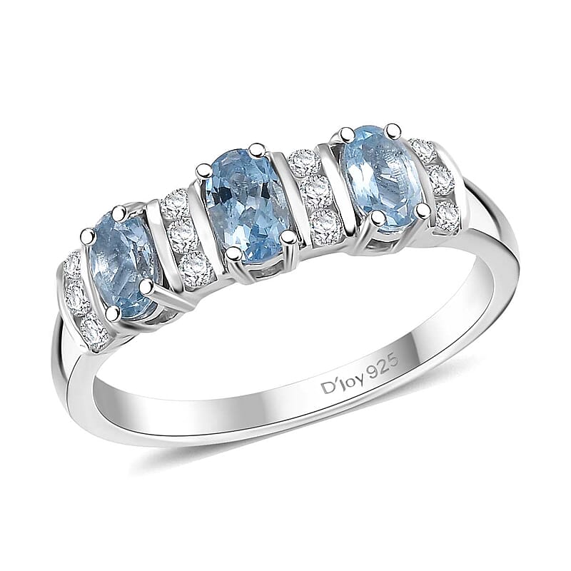D'Joy Santa Maria Aquamarine and Moissanite 0.85 ctw Ring in Rhodium Over Sterling Silver (Size 10.0)