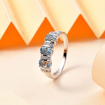 D'Joy Santa Maria Aquamarine and Moissanite 0.85 ctw Ring in Rhodium Over Sterling Silver (Size 10.0)