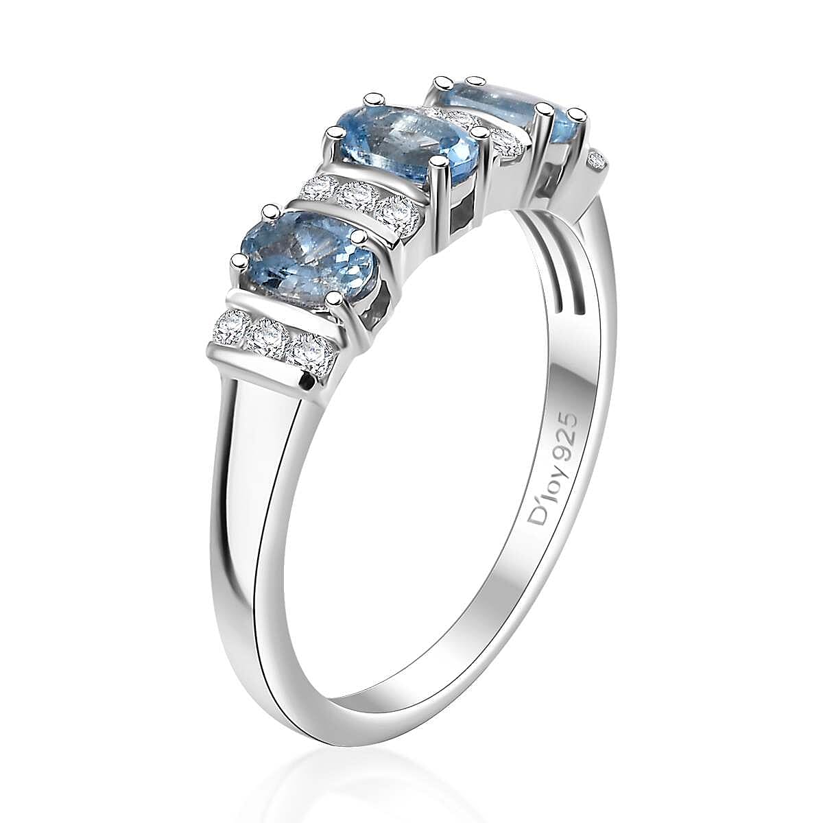 D'Joy Santa Maria Aquamarine and Moissanite 0.85 ctw Ring in Rhodium Over Sterling Silver (Size 10.0)