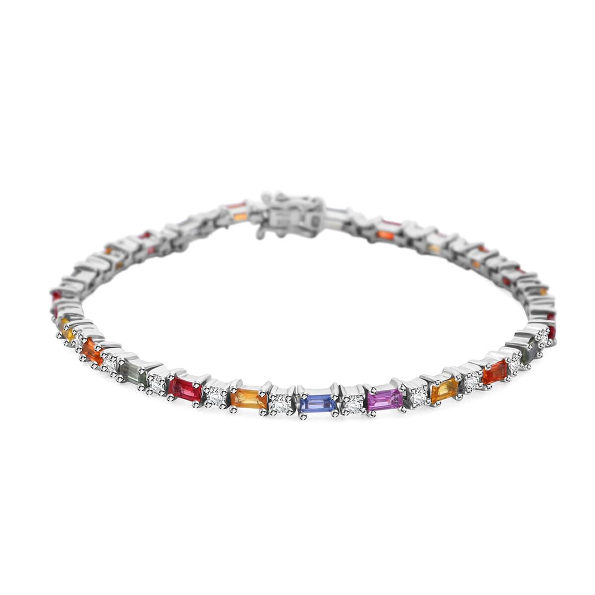 Doorbuster Multi Sapphire and Moissanite 4.10 ctw Symphony Bracelet in Rhodium Over Sterling Silver (6.50 In) image number 0