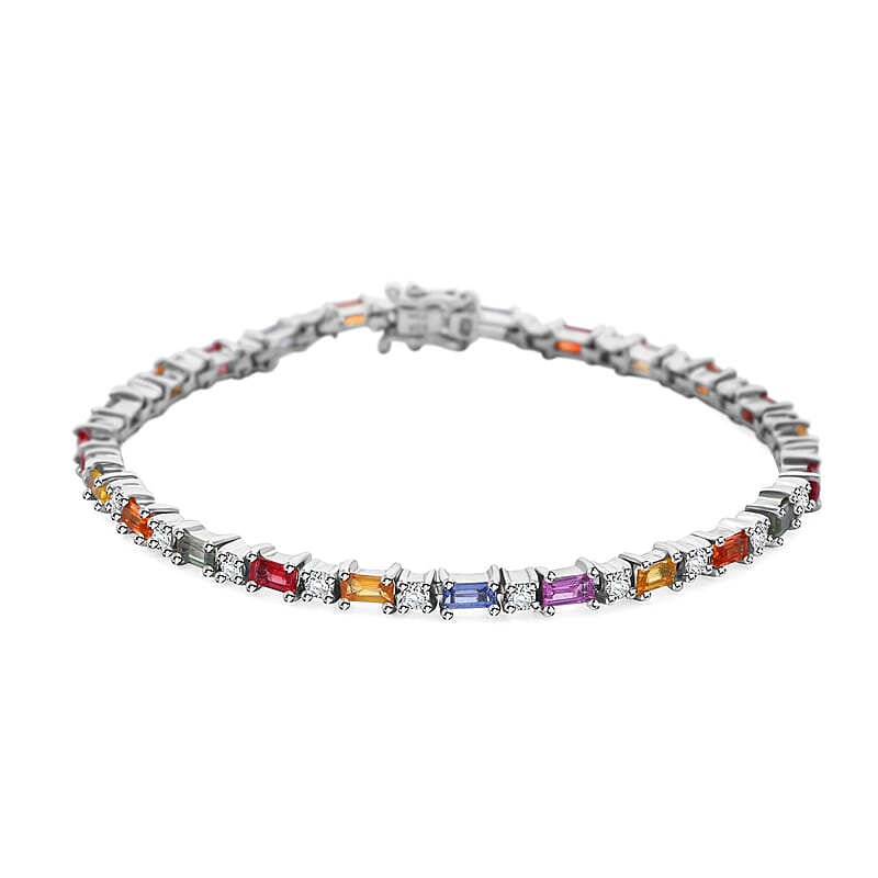 Multi Sapphire and Moissanite 4.10 ctw Symphony Bracelet in Rhodium Over Sterling Silver (6.50 In)