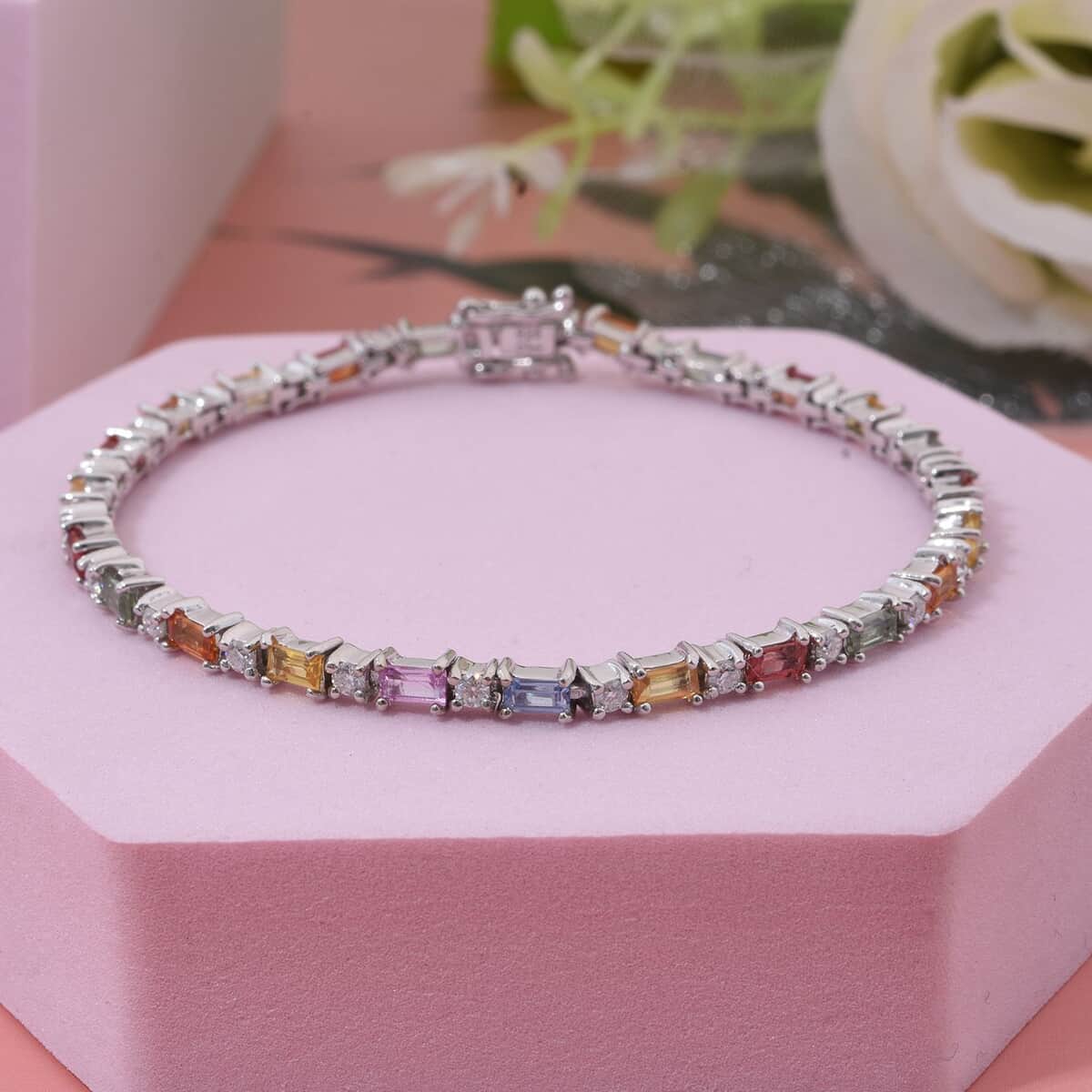 Doorbuster Multi Sapphire and Moissanite 4.10 ctw Symphony Bracelet in Rhodium Over Sterling Silver (6.50 In) image number 1