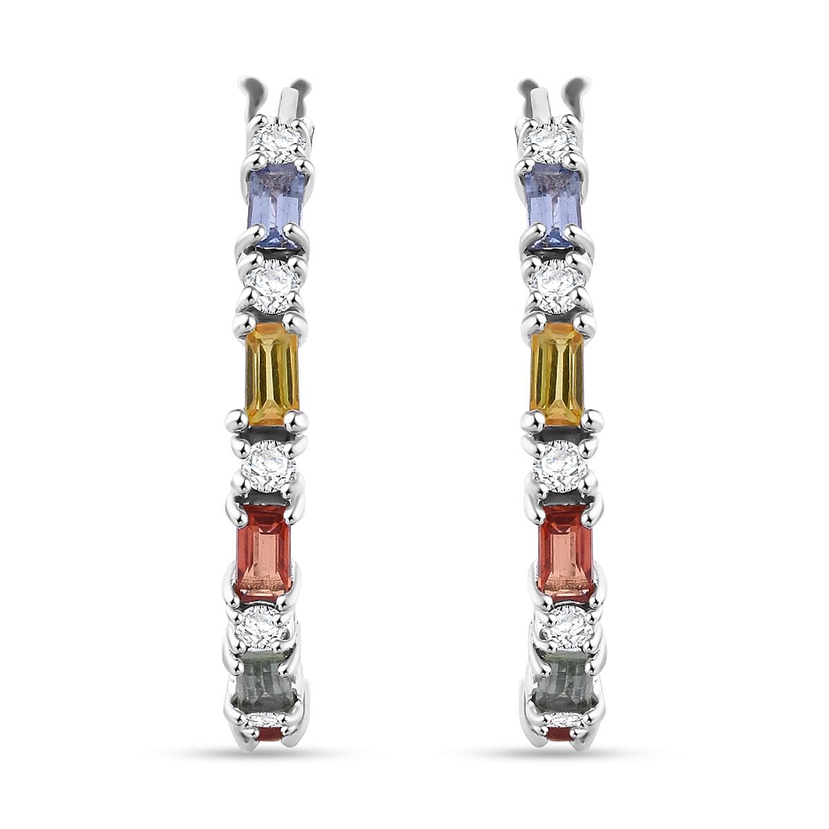 Multi Sapphire and Moissanite 1.70 ctw Symphony Earrings in Rhodium Over Sterling Silver