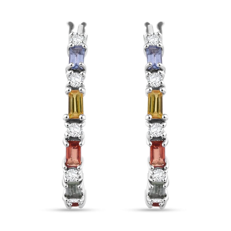 Multi Sapphire and Moissanite 1.70 ctw Symphony Earrings in Rhodium Over Sterling Silver