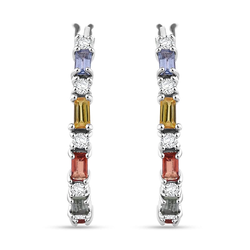Multi Sapphire and Moissanite 1.70 ctw Symphony Earrings in Rhodium Over Sterling Silver