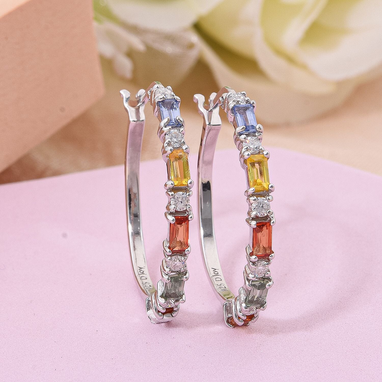 Multi Sapphire and Moissanite 1.70 ctw Symphony Earrings in Rhodium Over Sterling Silver