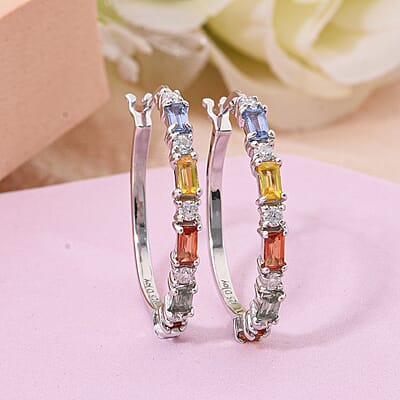 Multi Sapphire and Moissanite 1.70 ctw Symphony Earrings in Rhodium Over Sterling Silver