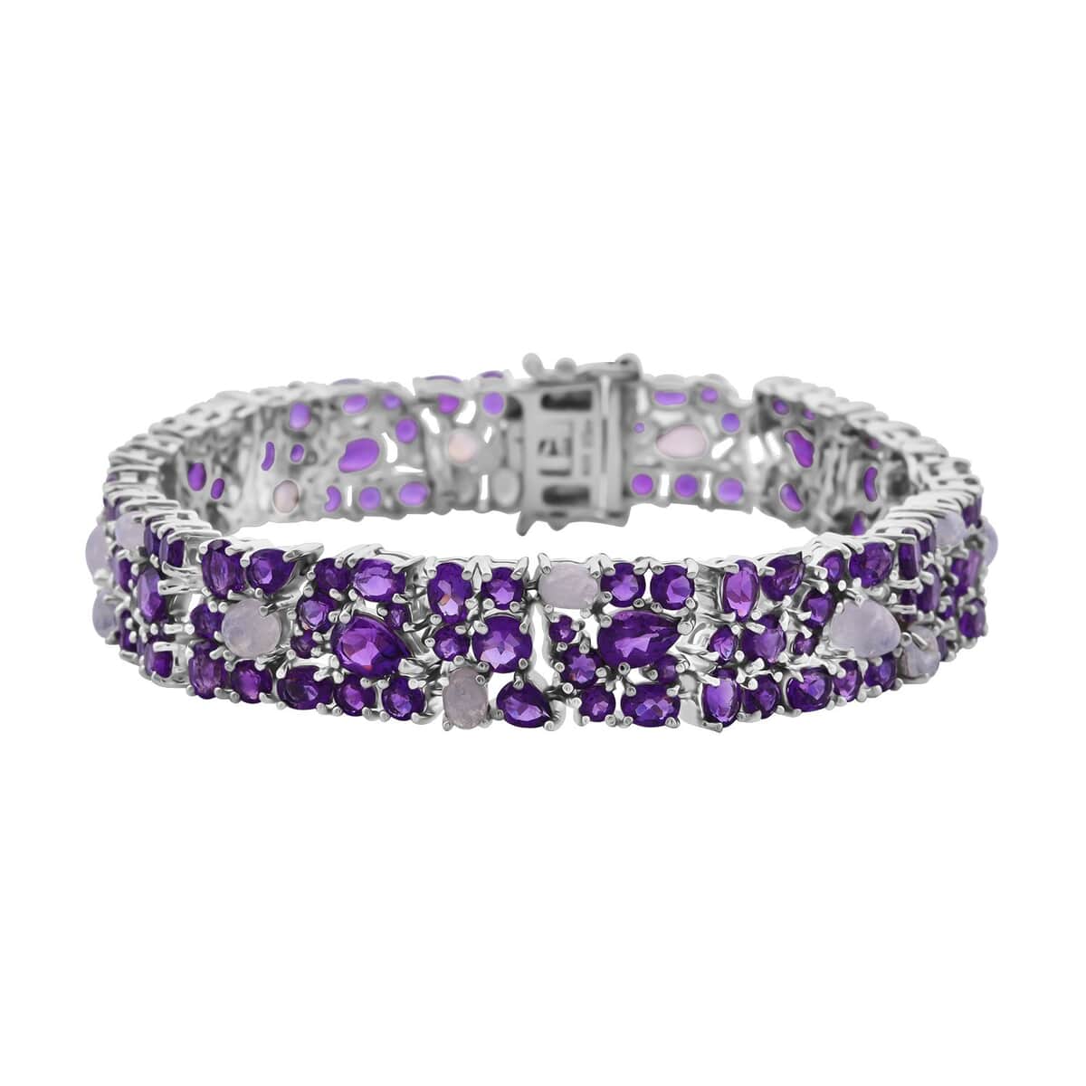 African Amethyst and Moon Glow Moonstone 25.80 ctw Celestial Bloom Bracelet in Rhodium Over Sterling Silver (6.50 In) image number 0