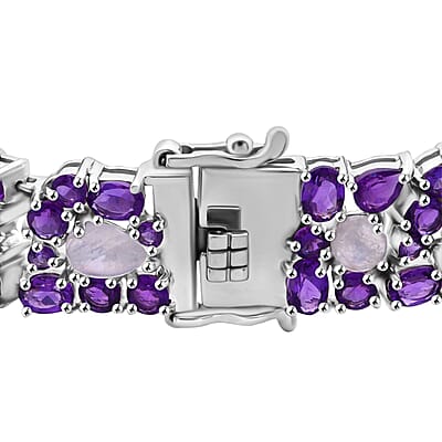 African Amethyst and Moon Glow Moonstone 25.80 ctw Celestial Bloom Bracelet in Rhodium Over Sterling Silver (6.50 In)