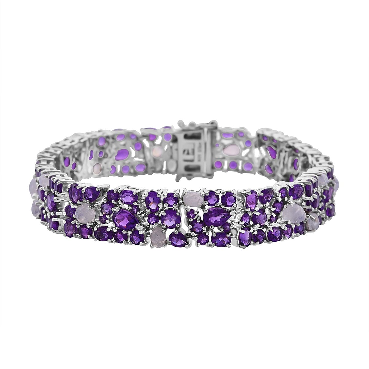 African Amethyst and Moon Glow Moonstone 28.25 ctw Celestial Bloom Bracelet in Rhodium Over Sterling Silver (7.25 In) image number 0