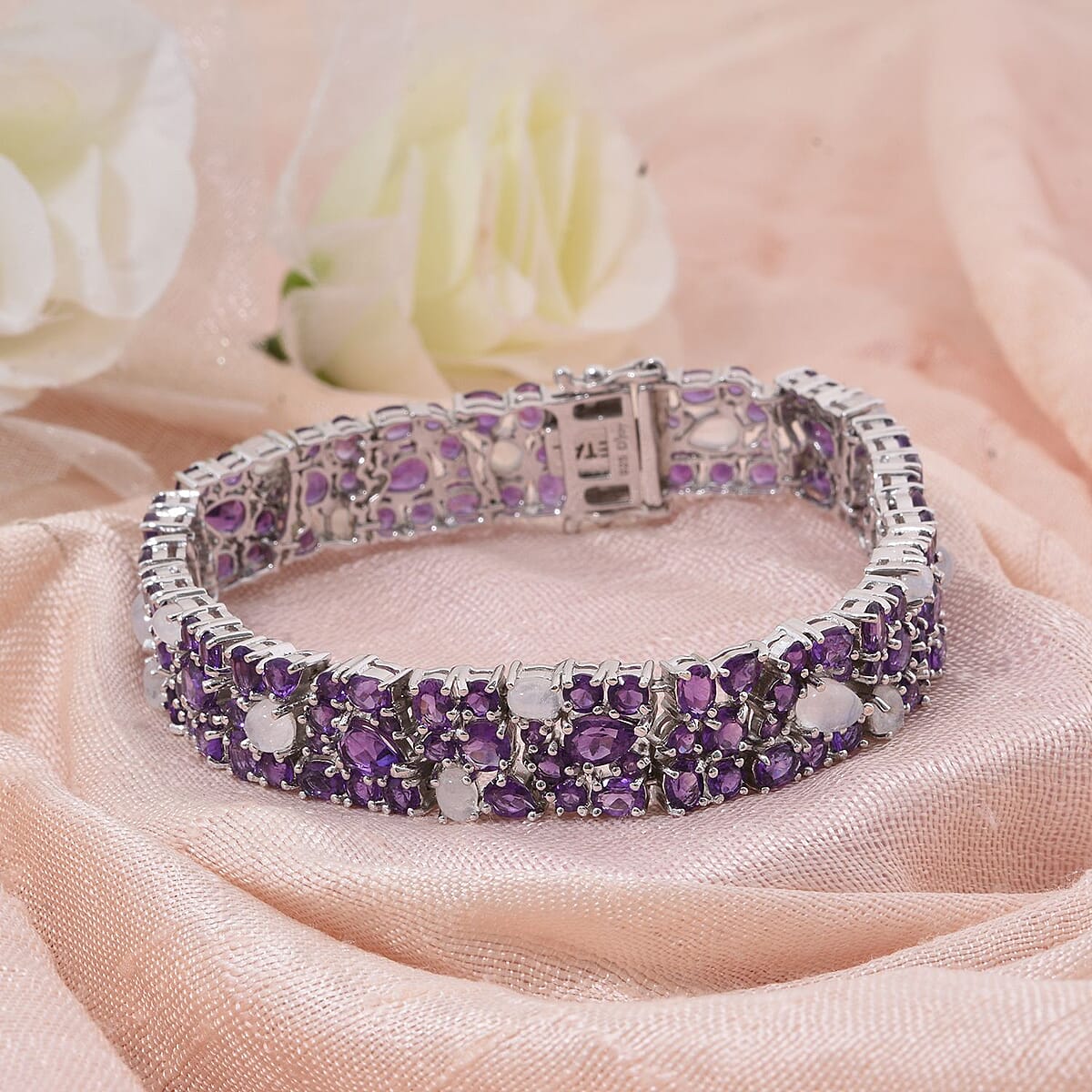 African Amethyst and Moon Glow Moonstone 28.25 ctw Celestial Bloom Bracelet in Rhodium Over Sterling Silver (7.25 In) image number 1